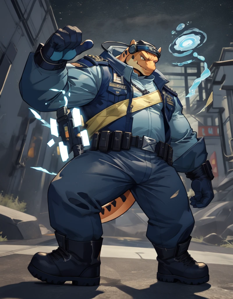 A chubby anthropomorphic orange lizard, wearing a navy blue and cyan scfi superhero outfit and scfi combat boots, navy blue scfi headsets, useing telekinesis to launch projectiles at dangerous aliens, action scene, combat,cinematic,