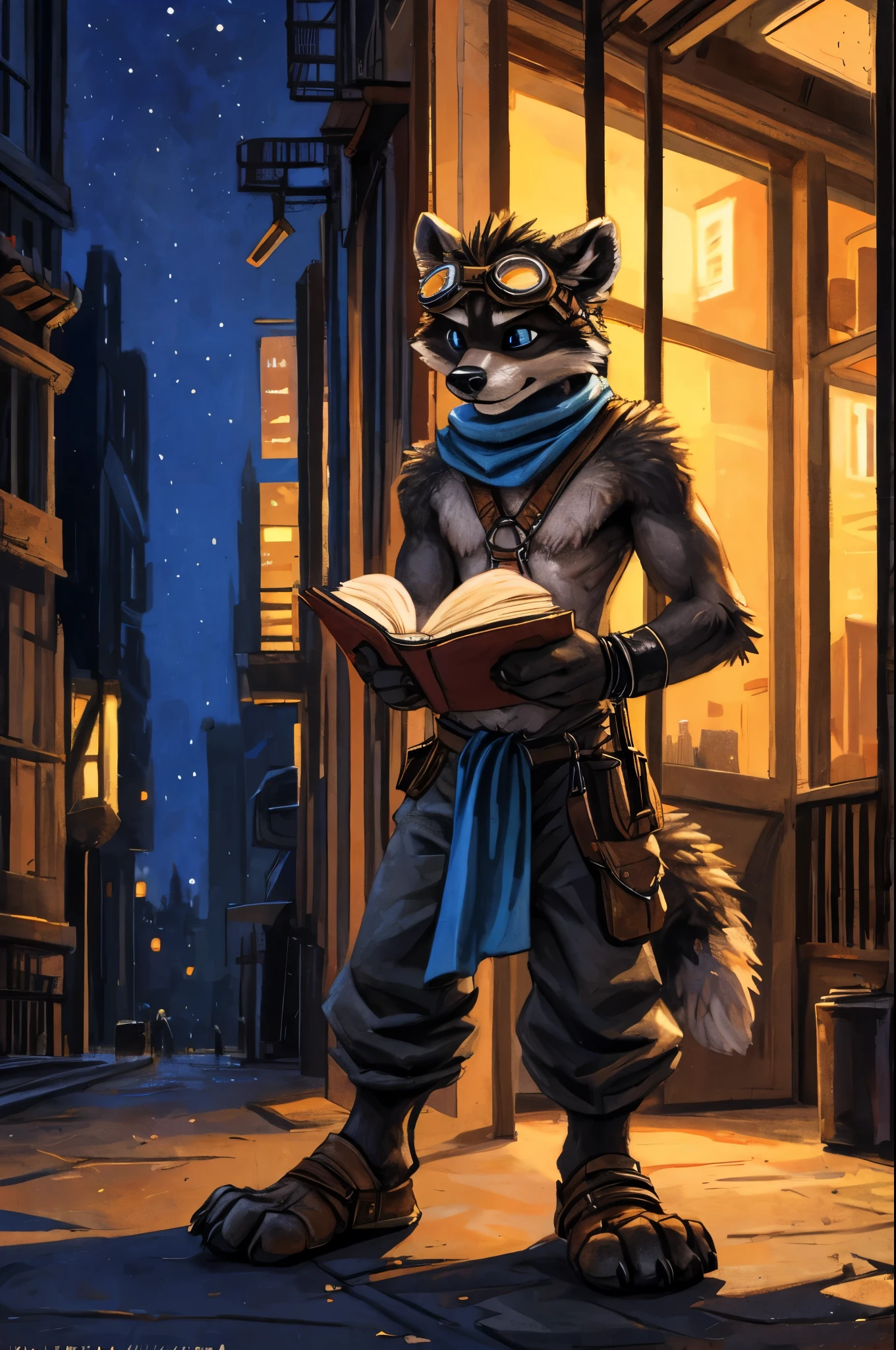 no lighting, deep shadow, dynamic angle, Solo, furry, furry, teenccoon, grey body, long brown spiked_ponytail, Detailed body fur, long blue scarf, leather_harness, blue_loincloth, goggles, masterpiece, gray body, Detailed face, big eyebrows, blue eyes, detailed eyes, No muscles, Detailed hands, Flat body, Skinny, Detailed paws, metal cuffs on wrists, metal cuffs on ankles, black baggy pants, no shirt, street, night, no underwear, reading, art by kenket