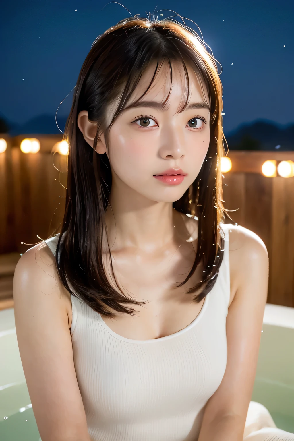 Artistic nudes、(night:1.7), East Asian architecture, 1 Female,sit on tatami, Brunette color hair，（Hair between the eyes）, Lip valve,  (16 years old:1.3),(beautiful shiny straight short long:1.3),beautiful fingers,beautiful long legs,Beauty Body，Cute Nose，beautiful character design，Perfect Eye，Perfect face，View your viewers，（Innocent_big_eye：1.0），（Light_笑face：0.3），Official Art，Very detailed CG Unity 8k wallpaper、bright_front_face_Lighting，（masterpiece:1.0),(Highest_quality:1.0), 超A high resolution,4K,Super detailed, photo shoot, 8k, Hmph, High resolution, Absurd:1.2, Kodak Portrait 400, Film Grain,  Lens flare brilliance,  (beautiful_face:1.5),8k,RAW Photos, 、Relax in a Japanese hot spring inn、(The subject is the first hot spring trip with a girl:1.3) (Draw an open-air bath more widely:1.2) (Girls are not test subjects:1.3) 　(Girl standing on balcony:1.3) (Hair after bath:1.3),( ,(Wet hair:1.3),((beautifully depicts depth and width:1.3)),((The open-air bath is surrounded by a Japanese garden and large rocks., With just two small Lights.:1.3)),((You can see a beautiful starry sky.:1.3))(Exposing everything in the open-air bath)(Girls are not test subjects:1.3),((White and soft skin:1.3)),(((Like the whole body:1.3))