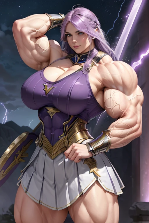 (((((Massive, tall, beautiful, buff, muscular pale white skinned female Valkyrie with violet purple hair, ginormous bulky muscles, holding a lightning sword and wearing an all violet purple gleaming Valkyrie armor and pleated skirt))))), (close view), black eyeliner, massive muscles, massive biceps, hyper muscle triceps, (long hair with long bangs), black eyes, valkyrie boots, In heaven, steel Valkyrie armor, armor breastplate, nighttime, confident smile, (hyper muscles arms), hyper muscle legs, (ginormous arms)