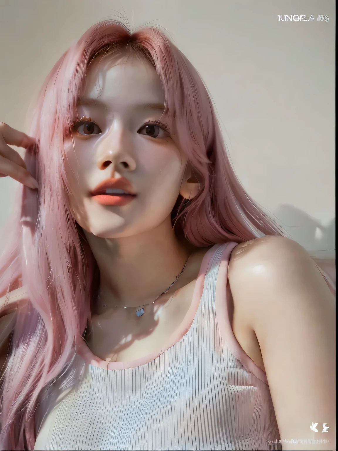 a close up of a woman con cabello rosado wearing a tank top, con cabello rosado, Cabello rosado que fluye, retrato suave 8 K, inspirado en Yanjun Cheng, linda chica con pelo corto rosa, retrato de jossi de blackpink, Cabello Liso Rosa, ulzzang, chica anime en la vida real, long Cabello rosado que fluye, tono de piel rosa pastel, Face Korean, Korean Woman, Korean Fem, K-pop group, K-pop Twice, Twice, Sana, Sana Face, Sana Twice, Minatozaki sana, Sana k-pop