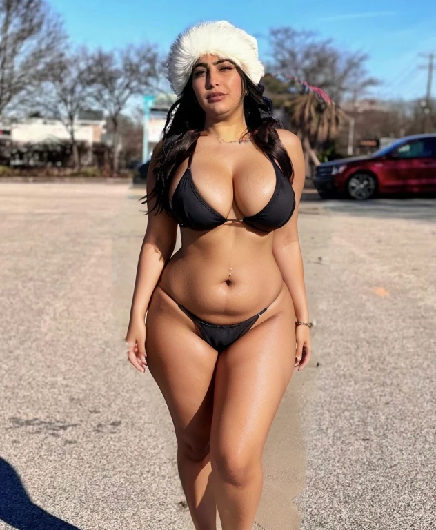 Black Bikini, curvy, medium size breasts, curvy body, cleavage fully exposed, Arab skin color