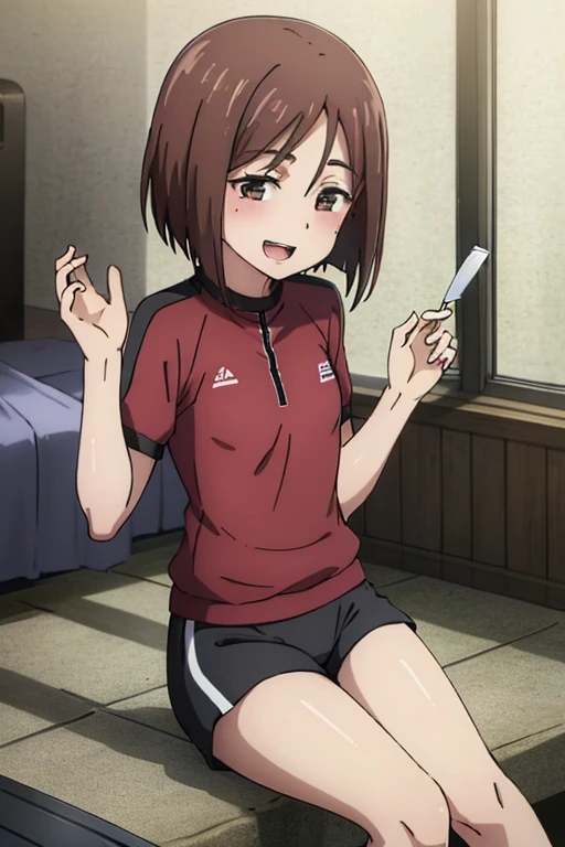 ((highest quality)), ((masterpiece)), (be familiar with), Perfect Face, indoor, Bedroom, Watching the audience,
One woman, Ieiri Glass,
Open Mouth, Ecstatic expression, blush, smile,
Small breasts, Flat Chest, Young Girl, , , Girl,
Short Hair, short hair,
Gym suit, White short sleeves, Black shorts, Leg spread,