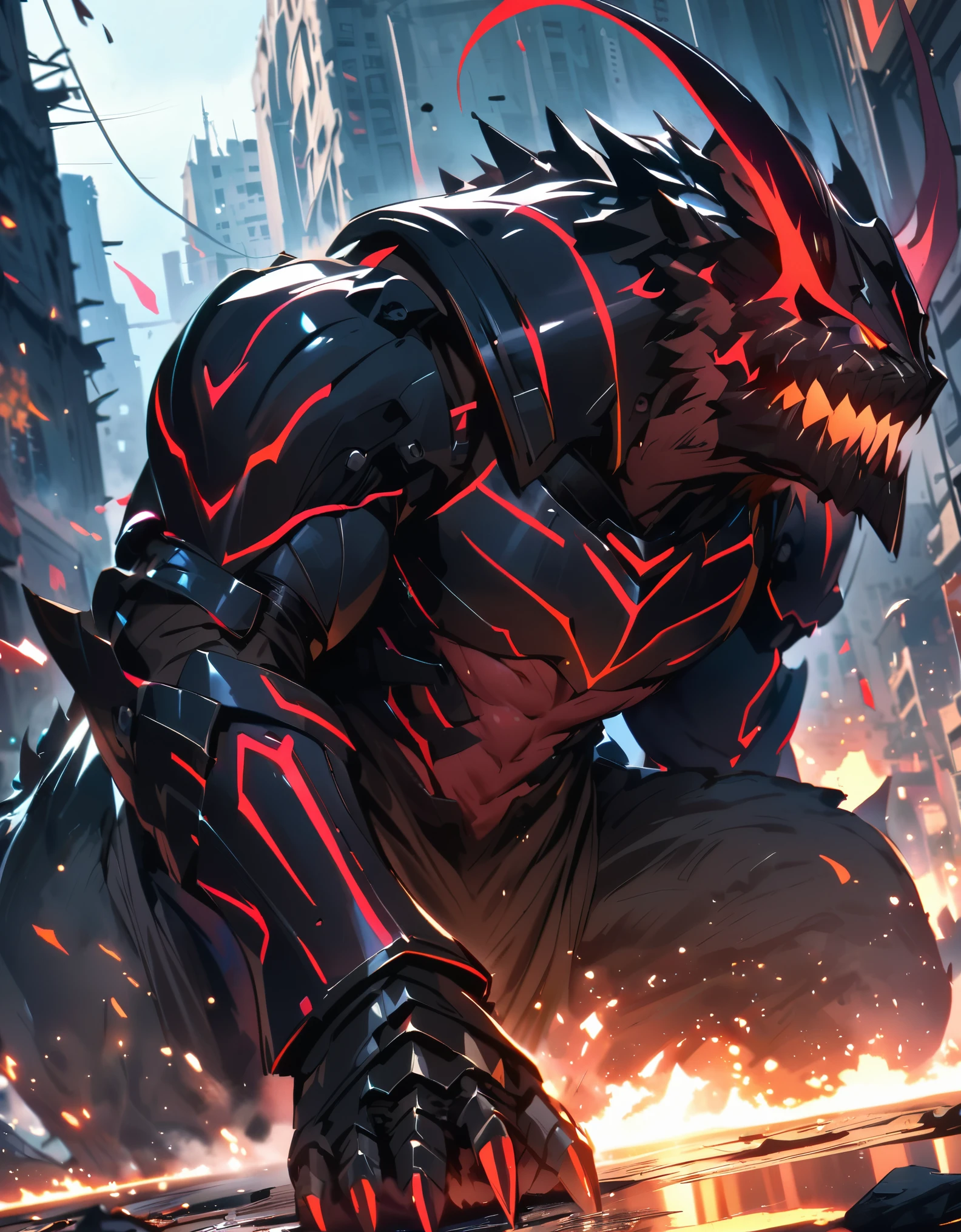 masterpiece, best quality, highres, 1man, male focus, solo, single, large red male behemoth creature with a mirrored helmet consisting of six "eyes" with a matching black steel collar. If one is to look closely, a glimpse of its mouth may be caught occasionally. Most of his body is covered in large black armor pieces, gauntlets, and shoulder pads over his red skin, with numerous loose cables sticking out of his back. full body shot, menacing pose, ruined city backdrop, seven-foot-tall