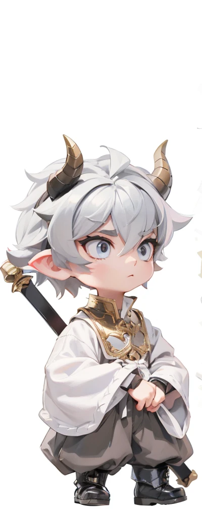 "(The same character,front,side,back),Simple background!,(whole body)"little boy,Gray hair,There is a pair of black dragon horns on the head,big eyes,Costume,Black boots,Off-white top,Gold collar,Behind him is a sword