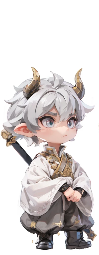 "(The same character，front，side，back)，Simple background！，（whole body）&quot;，Gray hair，There is a pair of black dragon horns on the head，big eyes，Costume，Black boots，Off-white top，Gold collar，Behind him is a sword