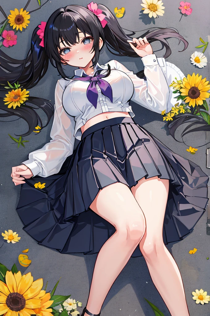 Angle from above:1.3,everyday scenery:1.3 Close-up、Red-black hair、straight hair、cute、summer:1.3、shirt:1.3、、skirt(((Highest image quality、High resolution、masterpiece、one woman)))、(((showing armpits:1.3)))、(((embarrassing:1.3、)))、(((cute)))、flower