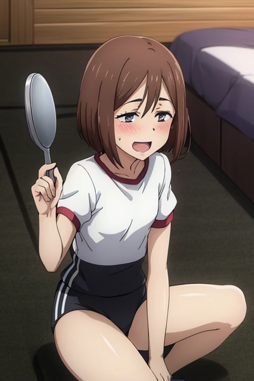 ((highest quality)), ((masterpiece)), (be familiar with), Perfect Face, indoor, Bedroom, Watching the audience,
One woman, Ieiri Glass,
Open Mouth, Ecstatic expression, blush, smile,
Small breasts, Flat Chest, Young Girl, , , Girl,
Short Hair, short hair,
Gym suit, White short sleeves, Black shorts, Leg spread,