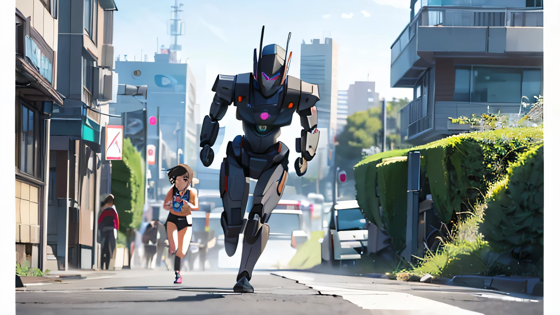 A futuristic robot overtakes a young female runner in a sprint