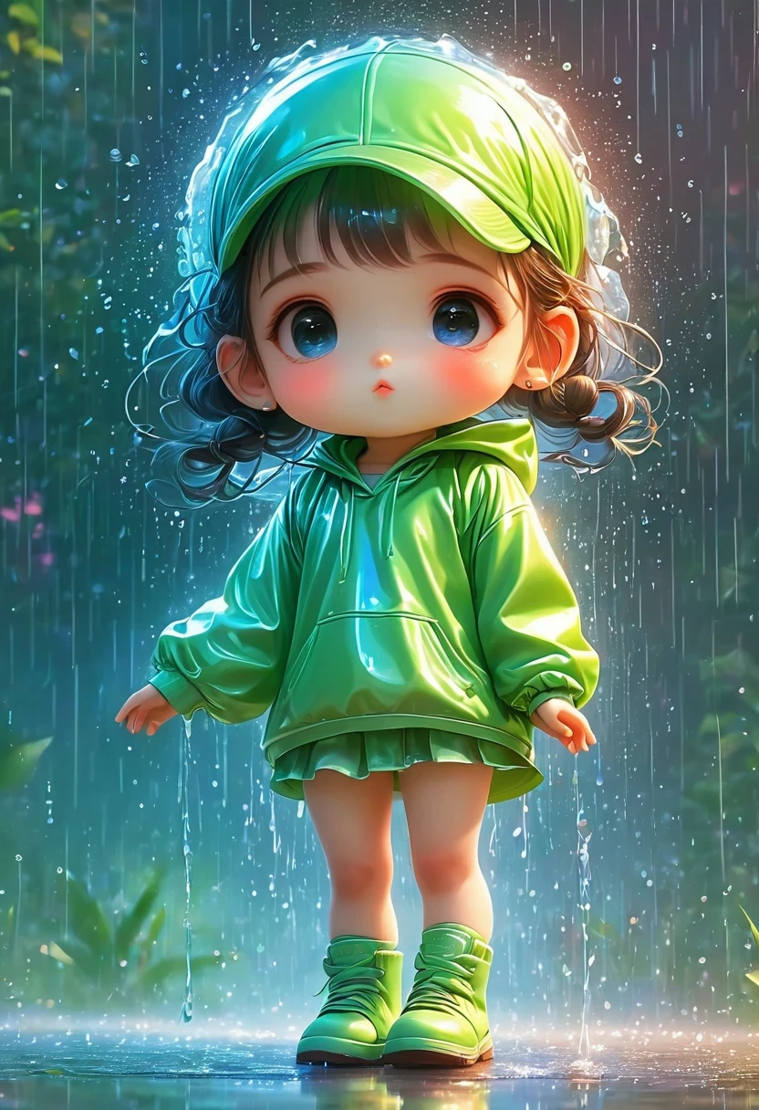 （Super cute Q version *********** Rem wearing a transparent plastic hoodie standing in the rain：1.4）, Rainbow color illustration, magically glowing, Shiny and colorful, Hologram, Yumi, anime art wallpaper 8 k, Gurwitz-style artwork, Anime Art Wallpaper 4K, Anime Art Wallpaper 4K, beautiful anime artwork, Digital Animation Art, Gurwitz，（Full body female：1.5）