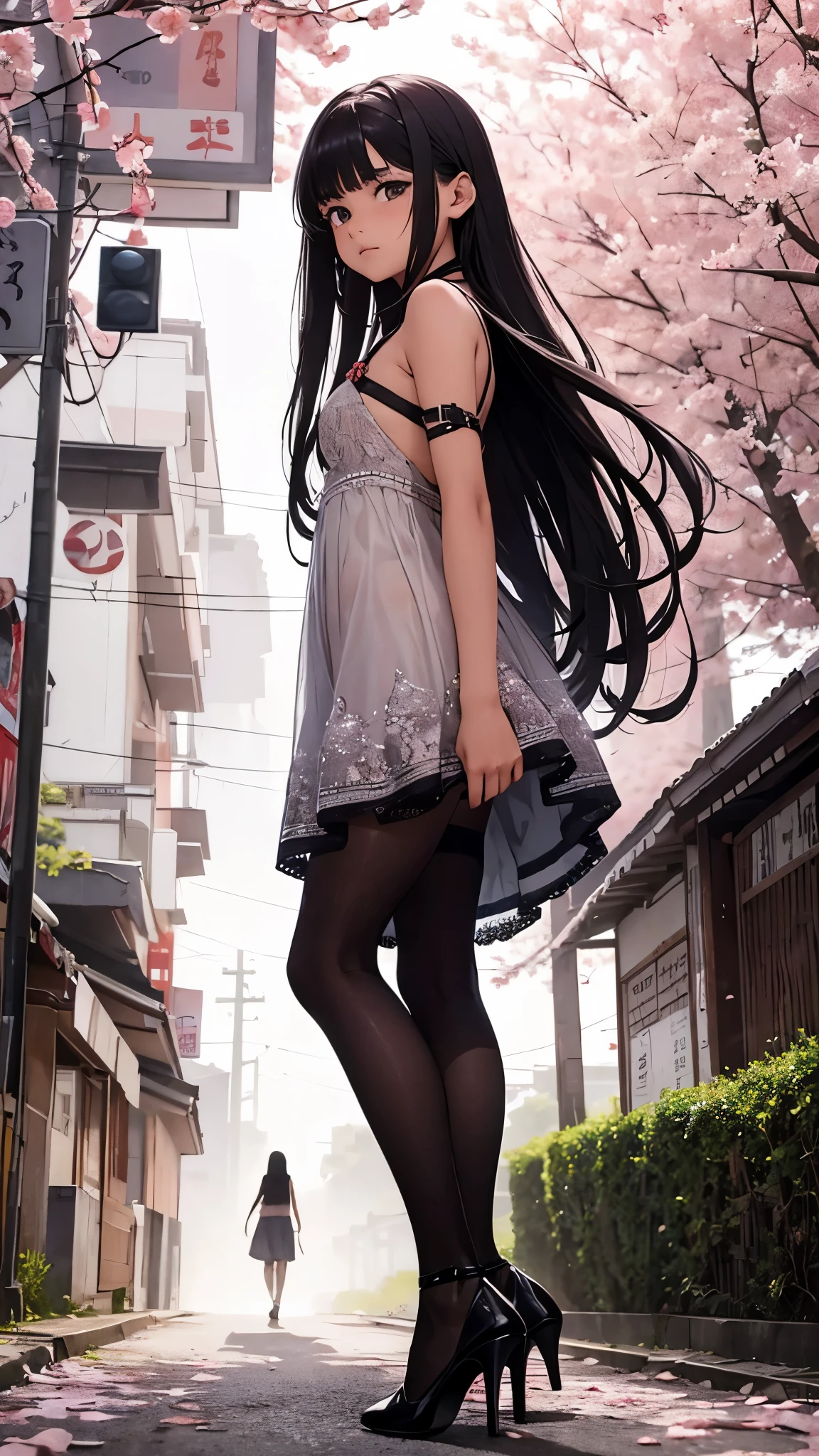 A beautiful girl going shopping, shopping bags in her hands, on the street, in public, a beautiful day, white sleeveless blouse, blouse with a high neck, red mini circle skirt, big rounds breasts, strap high heels, dark brown hair, long bangs, french braid, long hair, ponytail, wavy hair, expressive hair, shiny hair, hair flower, ribbon, jewelry, aqua eyes, glowing eyes, pupils sparkling, earrings, embarrassed, blush, surprised, red lips, glossy lips, full body, defined thighs, waist thin, high detail, anime, anime style, depth of field, cinematic lighting, dithering, image fill, multiple views, atmospheric perspective, perspective, Wide-Angle, f/1.8, 85mm, Nikon, 8k, super detail, UHD, retina, masterpiece, accurate, anatomically correct, textured skin, super detail, best quality, highres, 16k