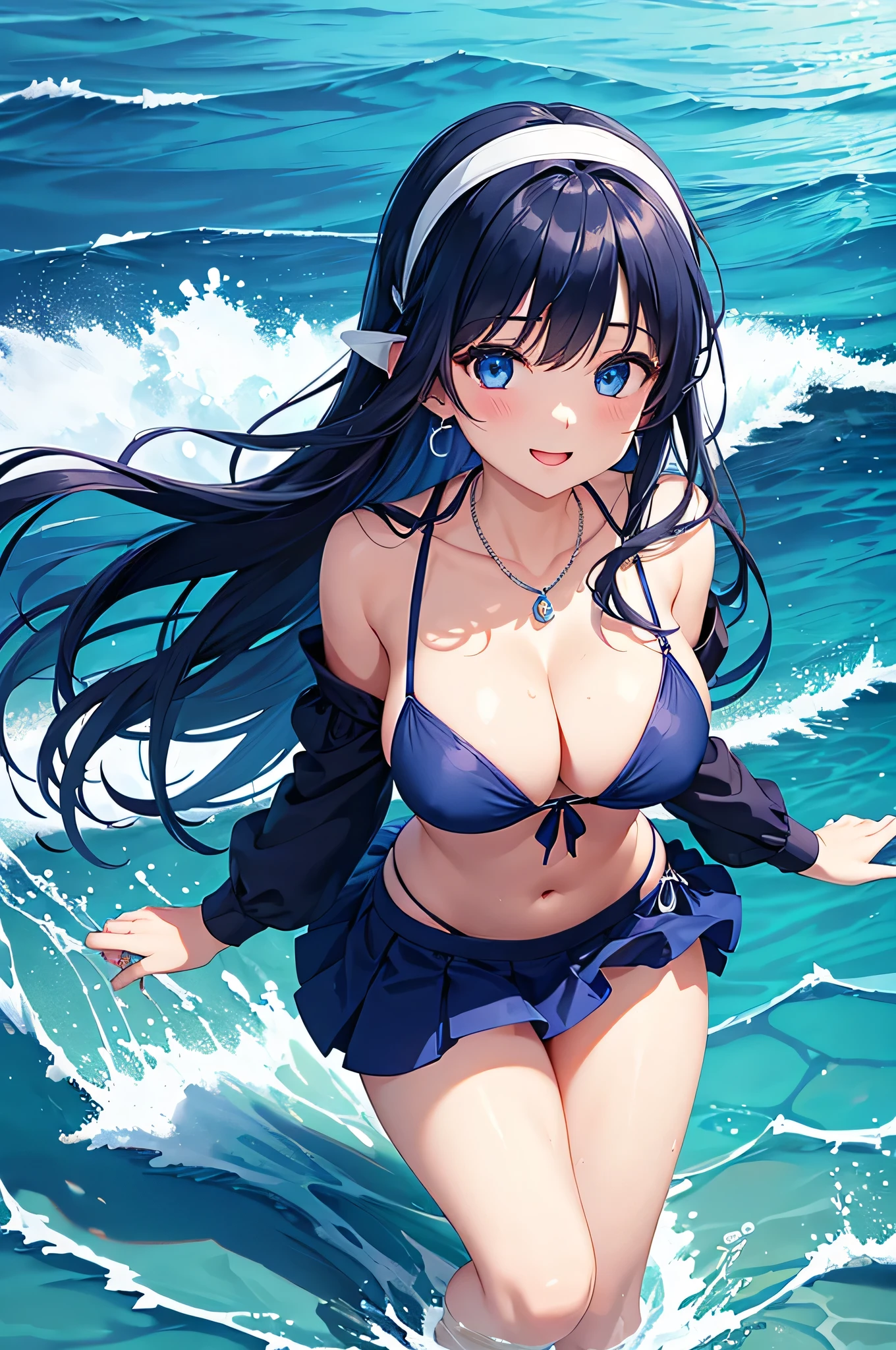 highest quality、Highest quality、masterpiece、beautiful girl、((1 female:1.5))、Navy blue long hair、blue eyes、Sexy bikini in dark blue、Big cleavage、(Big Breasts),smile、necklace、Blue earrings、situation(Swimming in the sea、Waveless ocean:1.3)、Open your mouth wide、Navy blue short skirt、white headband、Standing and immersing your feet in seawater up to your thighs、super close range、