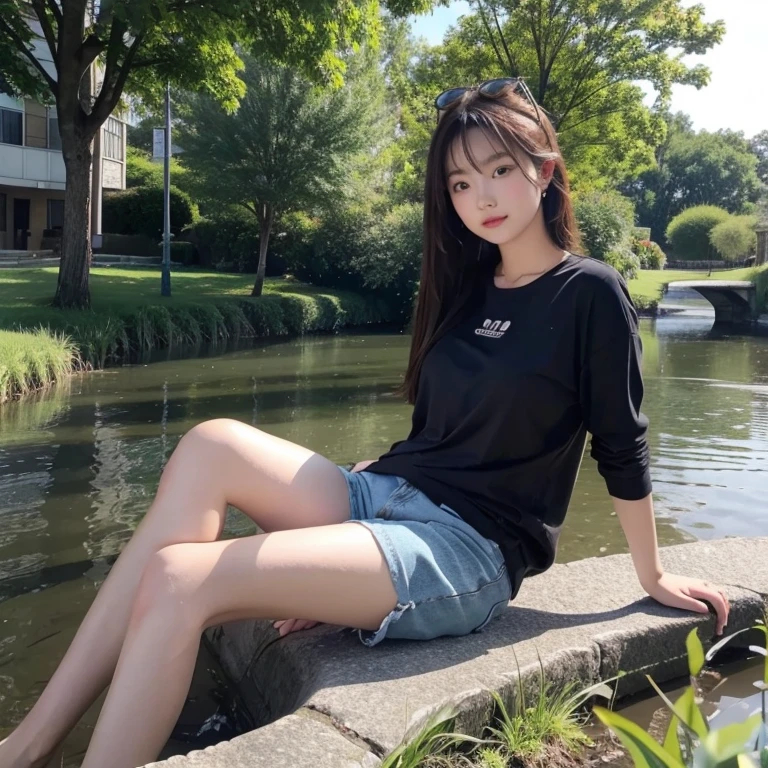 1girl, sit on the bank and relax