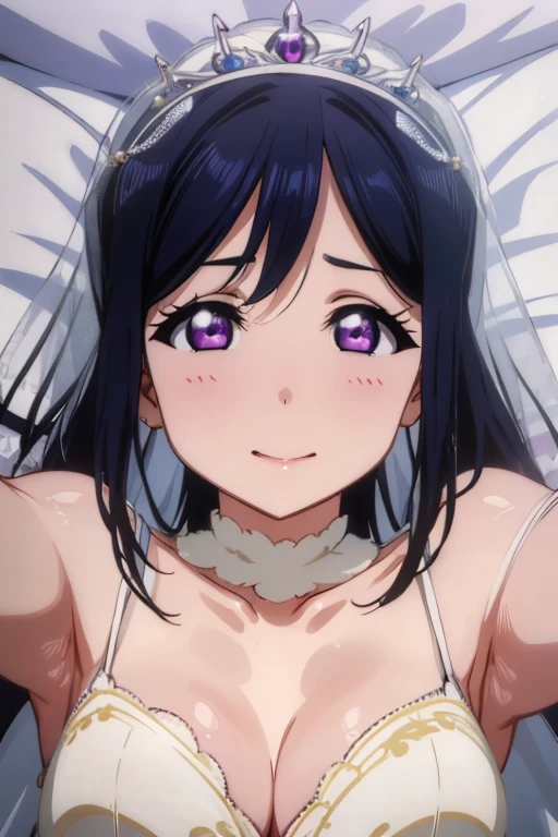 (highest quality、Highest quality、POV、4K,Close-up on chest、honeymoon、First Night、virgin、((Reaching out、Close ~ eyes、Kissing Face))、Very popular gravure model、Beautiful woman with super huge saggy breasts and saggy buttocks、Wearing makeup、Excessive sweating on the chest、Happy Face、Dreamy time)Very flashy(YUMI KATSURA Princess Wedding Dress、Wedding veil、tiara,garter belt)、(((Push it down on the bed、Lying on your back)))