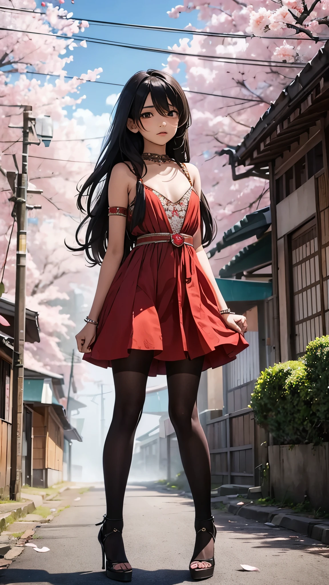 Beautiful 13 year old Indian teenager, long hair, dress, falling straps, small cleavage, pantyhose, high heels, Japanese rural street, cherry blossoms, fog, sexy pose, Silent Hill world, scary creature attack