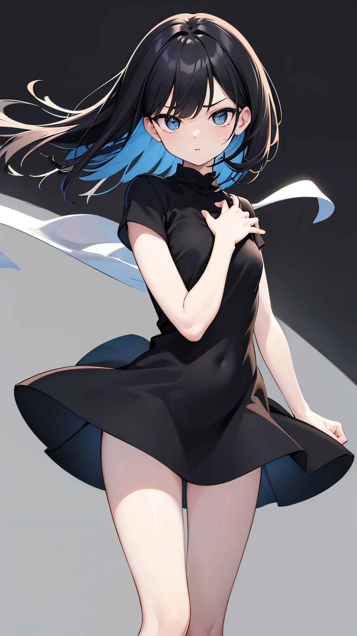 compensate, Soft lips、Or colored, Simple black background, Minimalism, usual, Vibrant color palette, , Short dress, Showing off your legs, Black short dress, Straight hair tied up, Arms folded, looking to the side, Perfect Anatomy, Dynamic pose, Perfect hands, The wind blows through the dress