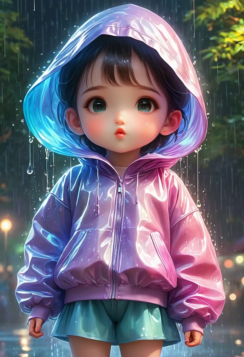 （Super cute Q version *********** Rem wearing a transparent plastic hoodie standing in the rain：1.4）, Rainbow color illustration, magically glowing, Shiny and colorful, Hologram, Yumi, anime art wallpaper 8 k, Gurwitz-style artwork, Anime Art Wallpaper 4K, Anime Art Wallpaper 4K, beautiful anime artwork, Digital Animation Art, Gurwitz，（Full body female：1.5）