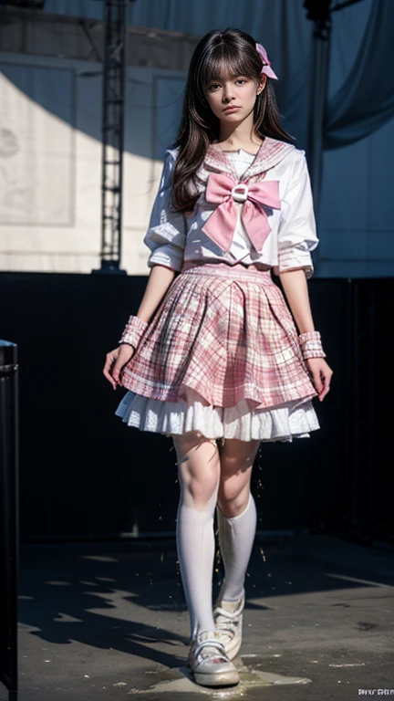 (realistic, photorealistic:1.4), (masterpiece, best quality:1.2), RAW photo, high resolution, intricate details, extremely detailed, (full body, looking at viewer:1.8), solo, 1girl, a Japanese female idol, cute, pretty , kawaii, (idol costume, cyb skirt, cyb shirt, plaid skirt, idol, wrist cuffs, bow, sailor collar, frilled skirt, frills), straight hair, dark hair, fine-textured skin, pale skin, (detailed face, detailed eyes), (standing with spread legs apart on the stage), stage lighting, stage spotlight, audience in background, intricate background, photo background,
(peeing self,urination:1.4),(ashamed,humiliation, desperation, open mouth), 
desperate for peeing, wetting her clothes, pee running down her legs, desperate pose to pee, desperate face to pee, large urine puddle,