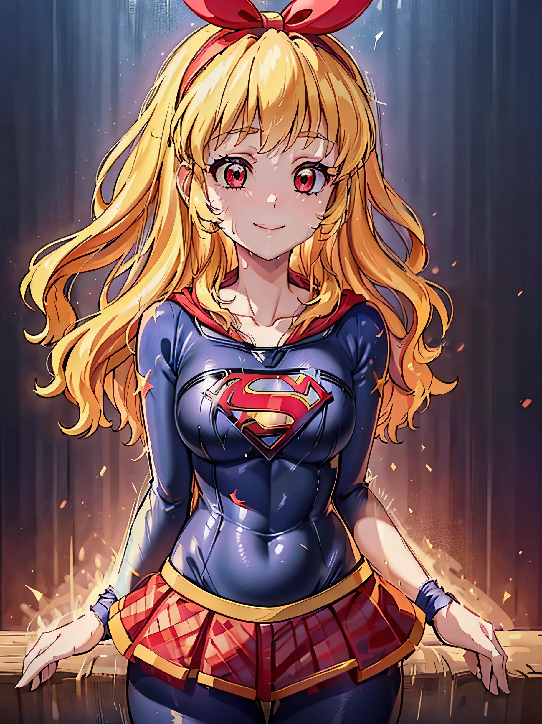 ,anime cg, highresolution, cute , smile, (RED Ribbon on HAIRband:1.2),Blonde hair,(((Beautiful legs in black tights.)))、(((Legally express the beauty of your smile)))、(((Supergirl Costume)))、(((Beautiful Hair)))、(((suffering)))、(((Please wear black tights....、Wear red boots)))、((Best image quality、8k))、((highest quality、8k、masterpiece:1.3))、(((Preserve background )))、Sharp focus:1.2、Beautiful woman with perfect figure:1.4、Slim Abs:1.2、Wet body:1.5、Highly detailed face and skin texture、8k