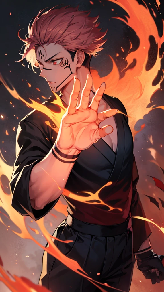 1 man, Ryomen Sukuna, Jujutsu Kaisen, using fire powers on hands, muscules in body, pants hakama white,  pink hair, short hair, red eyes, normal eyes, normal arms, anime style, cinematographic and vivid paisage, surrounded by intense fire spells. 


