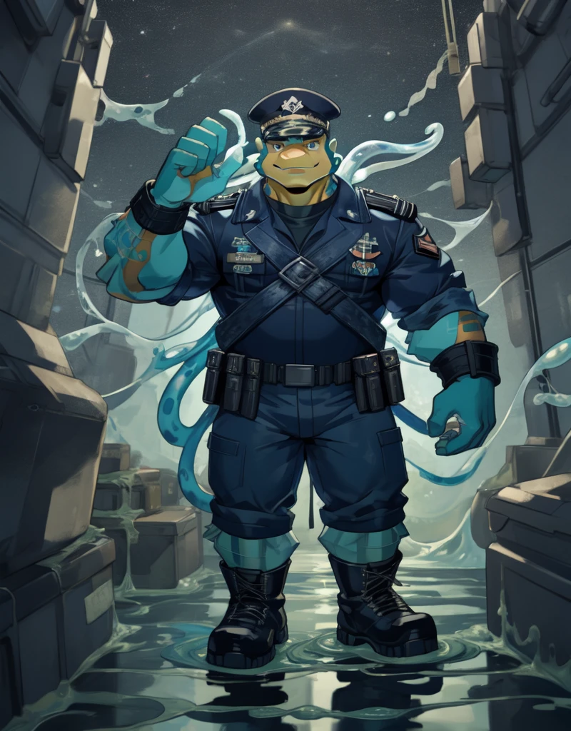 A chubby anthropomorphic orange lizard, wearing a damaged and ripped navy blue and cyan scfi superhero outfit and scfi combat boots, navy blue scfi headsets, stuck in a slime alien, 