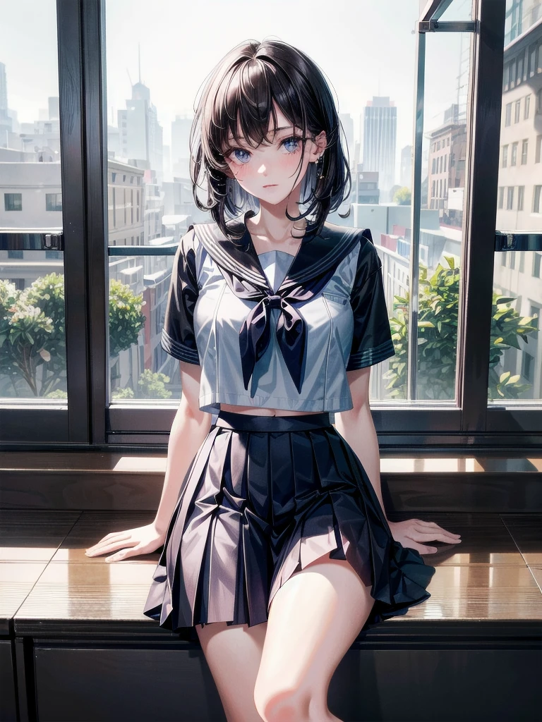 Crossed_Legs, sailor school_uniform, arms behind head, absurdres, RAW photo, extremely delicate and beautiful, masterpiece, Best Quality, ultra high resolution, 32k, hyperrealistic, ultra-detailed, detailed description, pale skin, 20 years old, tearful mole, earring, Colossal tits, short medium hair, wavy hair, skirt,