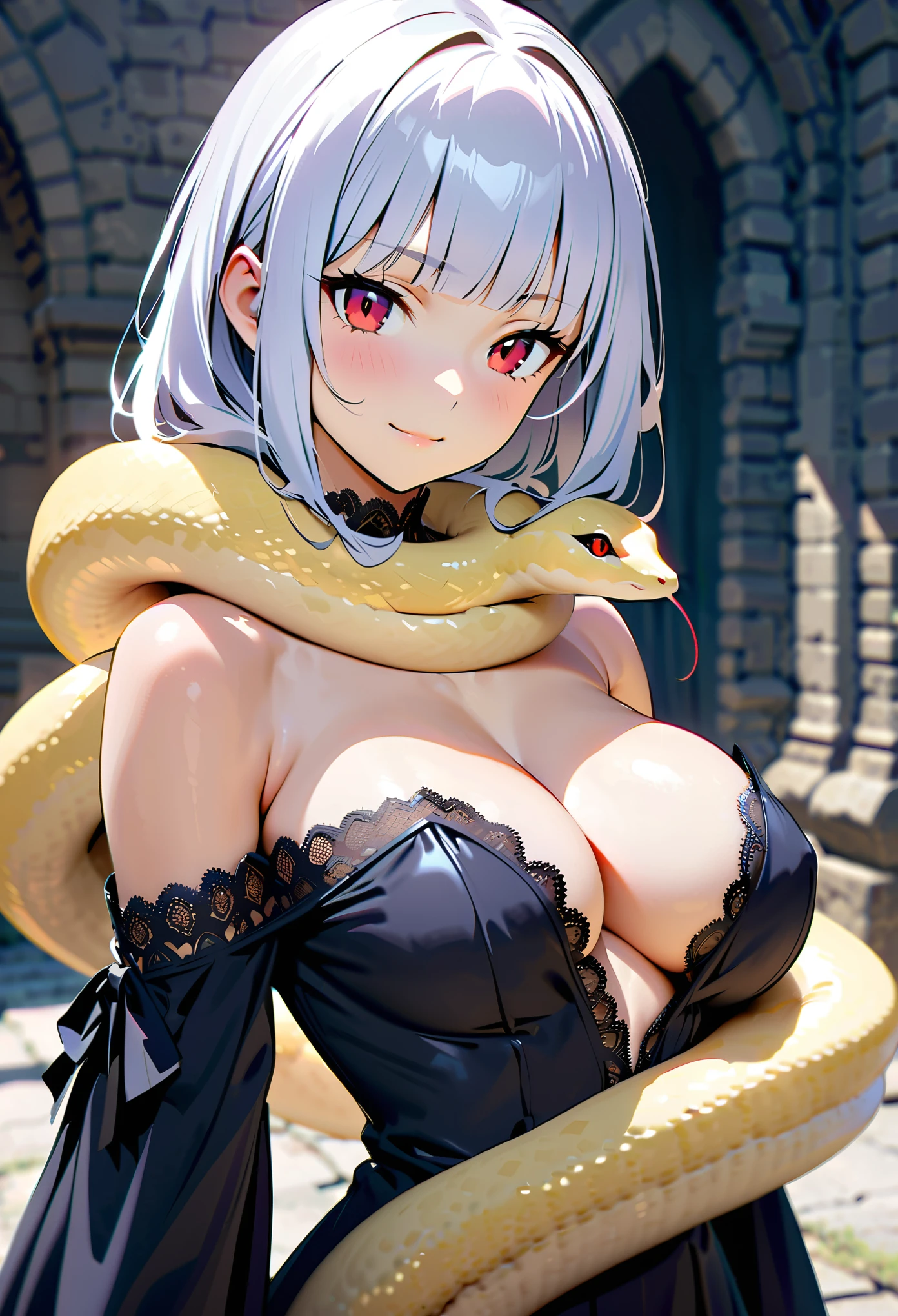 (Top image quality),2023 Animation,Top animation quality,High-resolution details,Detailed wallpaper,(masterpiece),(medium view), solo,A woman,upper body,neat white hair,neat bangs,Deep red eyes,Beauty,light smile,(Wearing only a Gothic off-the-shoulder long-sleeved dress with lace trim),large breast,(Cleavage),(A golden snake wrapped around the torso and arms),(near detailed snake),(Dungeon Background),(Depth of Field),Gloomy atmosphere,Iron fence