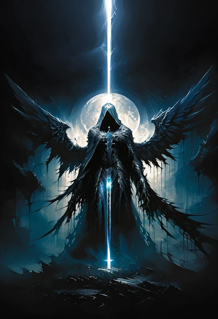 (masterpiece, best quality: 1.2), Underground Angel, Folding wings, Holding a blue silver cross, moonlight, heavily clouded, Dark fantasy illustration style, Dark Arts, High contrast, Dark Shadows, Atmospheric perspective , Melancholic colors, Film composition, Volumetric Lighting, number, Brushstrokes, Dramatic Lighting, Low Angle, Surrealism, Ultra Detailed, Surrealism