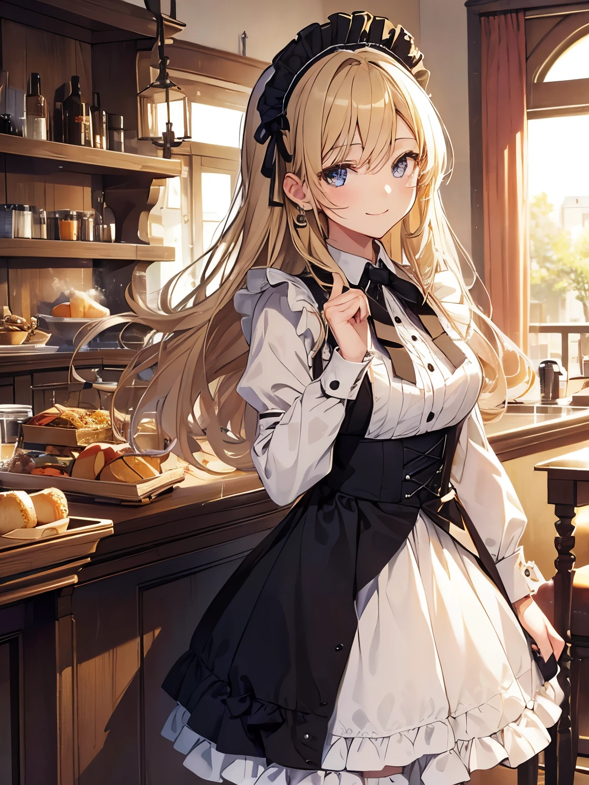 masterpiece, highest quality, Very detailed, High resolution, Very detailedCG, smile,、Stylish cafe、Cowboy Shot、cute、blonde、Semi-long hair、Big round eyeaid outfit、maid costome