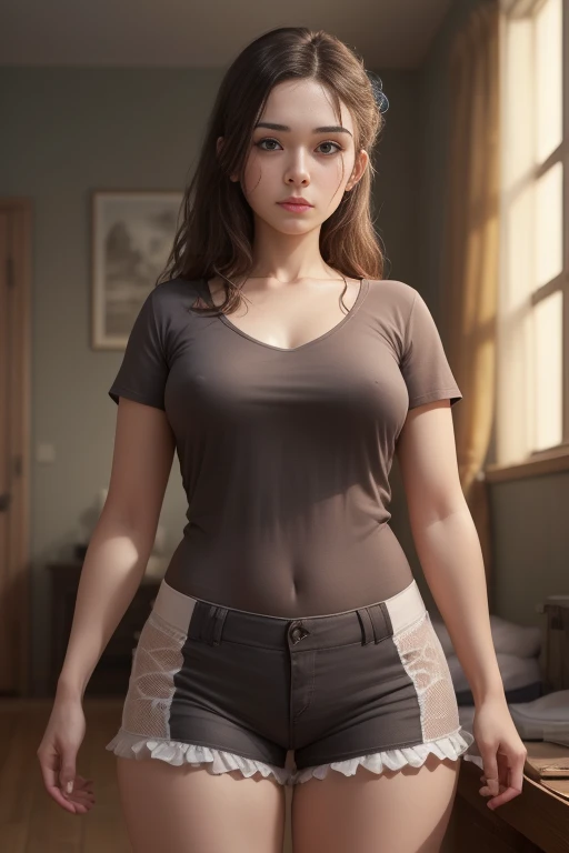(((ultra realistic, ultra detailed, The best quality, 8k, HDR))), ((flat woman, bloomers)), room