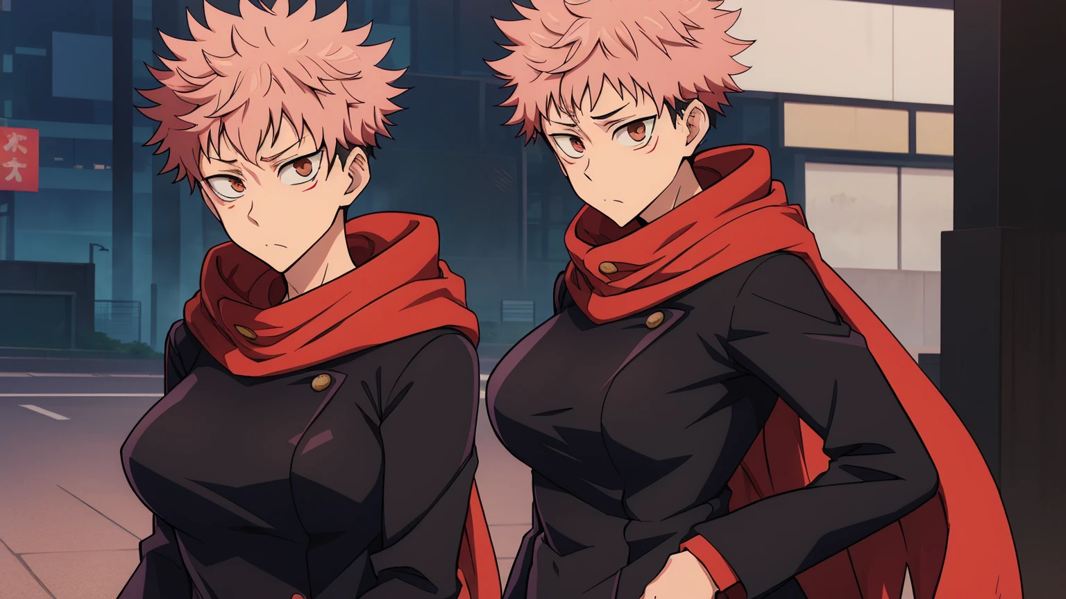 jujutsu kaisen Itadori Yuji red scarf eyelashes sexy college uniform super large breasts breast enlargement standing alone in Shibuya