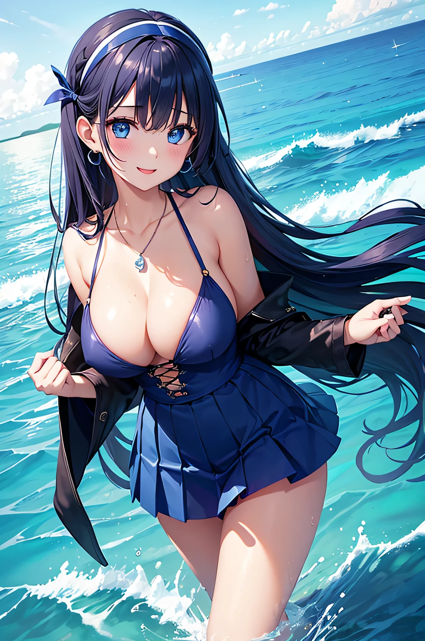 highest quality、Highest quality、masterpiece、beautiful girl、((1 female:1.5))、Navy blue long hair、blue eyes、Sexy bikini in dark blue、Big cleavage、(Big Breasts),smile、necklace、Blue earrings、situation(Swimming in the sea、Waveless ocean:1.3)、Open your mouth wide、Navy blue short skirt、white headband、Standing and immersing your feet in seawater up to your thighs、super close range、