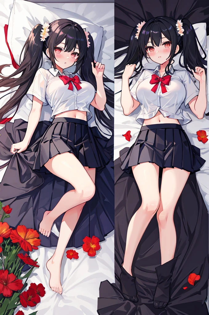 A girl,twintails,Long hair,Black Hair,transparent,White shirt,Towering breasts,Slim waist,Showing belly,Pleated Skirt,Smooth legs,blush,Lying in bed,Flowers,