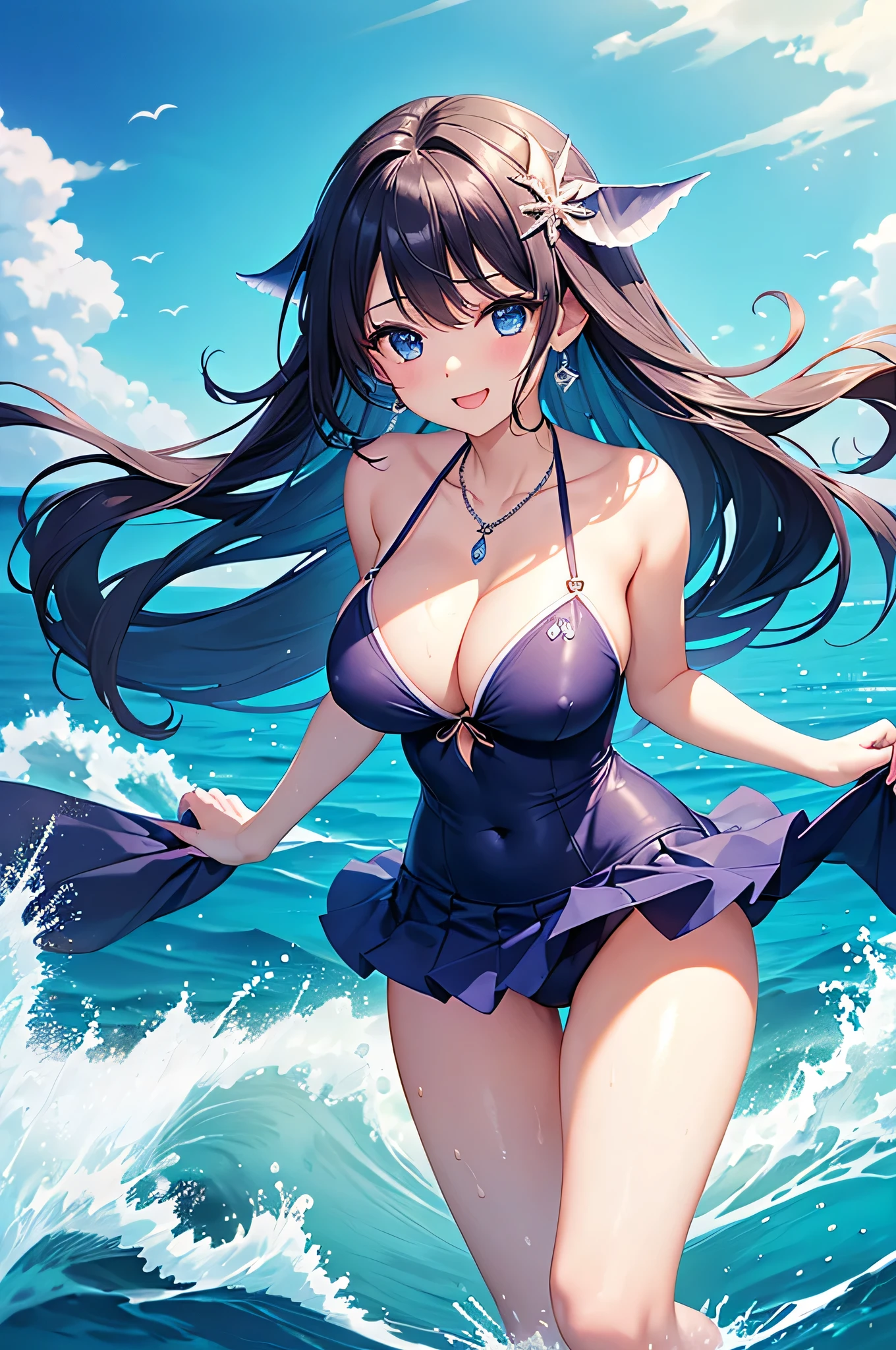 highest quality、Highest quality、masterpiece、beautiful girl、((1 female:1.5))、Navy blue long hair、blue eyes、Sexy bikini in dark blue、Big cleavage、(Big Breasts),smile、necklace、Blue earrings、situation(Swimming in the sea、Waveless ocean:1.3)、Open your mouth wide、Navy blue short skirt、white headband、Standing and immersing your feet in seawater up to your thighs、to close range、