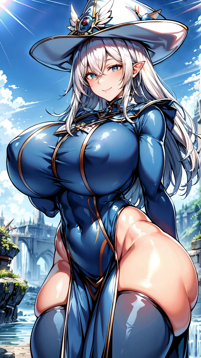 Silent magician, ropa apretada, poca piel visible, ((  ruborizada, sonrisa, oiled skin)),  pelo largo, cabello blanco, (( white hair)), sombrero blanco, Curvy body, abs, muscle, muscle girl, big sagging breast , monstruo de duelo, Iparuputsua, de pie en la entrada de un castillo, brazos a los costados, magic world background, mundo medieval .