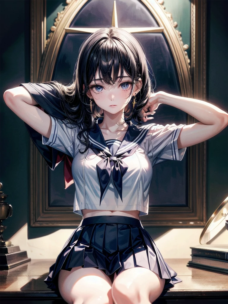 sailor school_uniform, arms behind head, cross-legged, absurdres, RAW photo, extremely delicate and beautiful, masterpiece, Best Quality, ultra high resolution, 32k, hyperrealistic, ultra-detailed, detailed description, pale skin, 20 years old, tearful mole, earring, Colossal tits, short medium hair, wavy hair, skirt,
