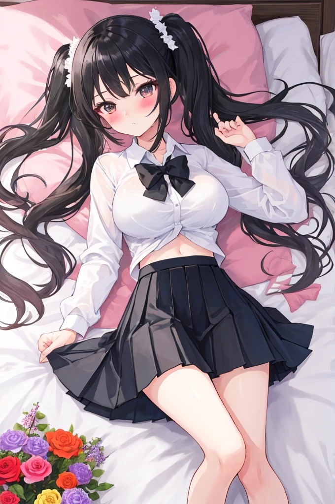 A girl,twintails,Long hair,Black Hair,transparent,White shirt,Towering breasts,Slim waist,Showing belly,Pleated Skirt,Smooth legs,blush,Lying in bed,Flowers,