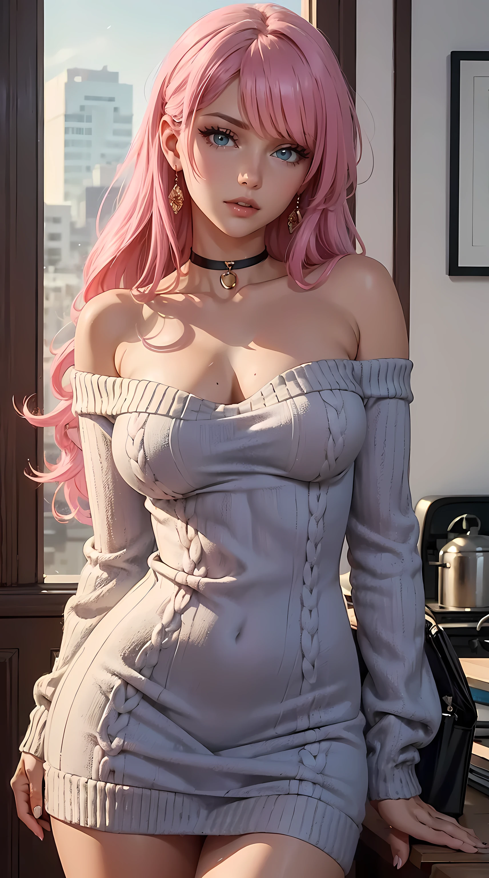 Beautiful pink hair girl is shown to have a sexy figure, she is wearing a nsfw sweater dress, choker, sexy look, messy hair, blue eyes, girl in cozy home ,sexy session, sexy pose, cowboy shot, superior quality, many details, realistic