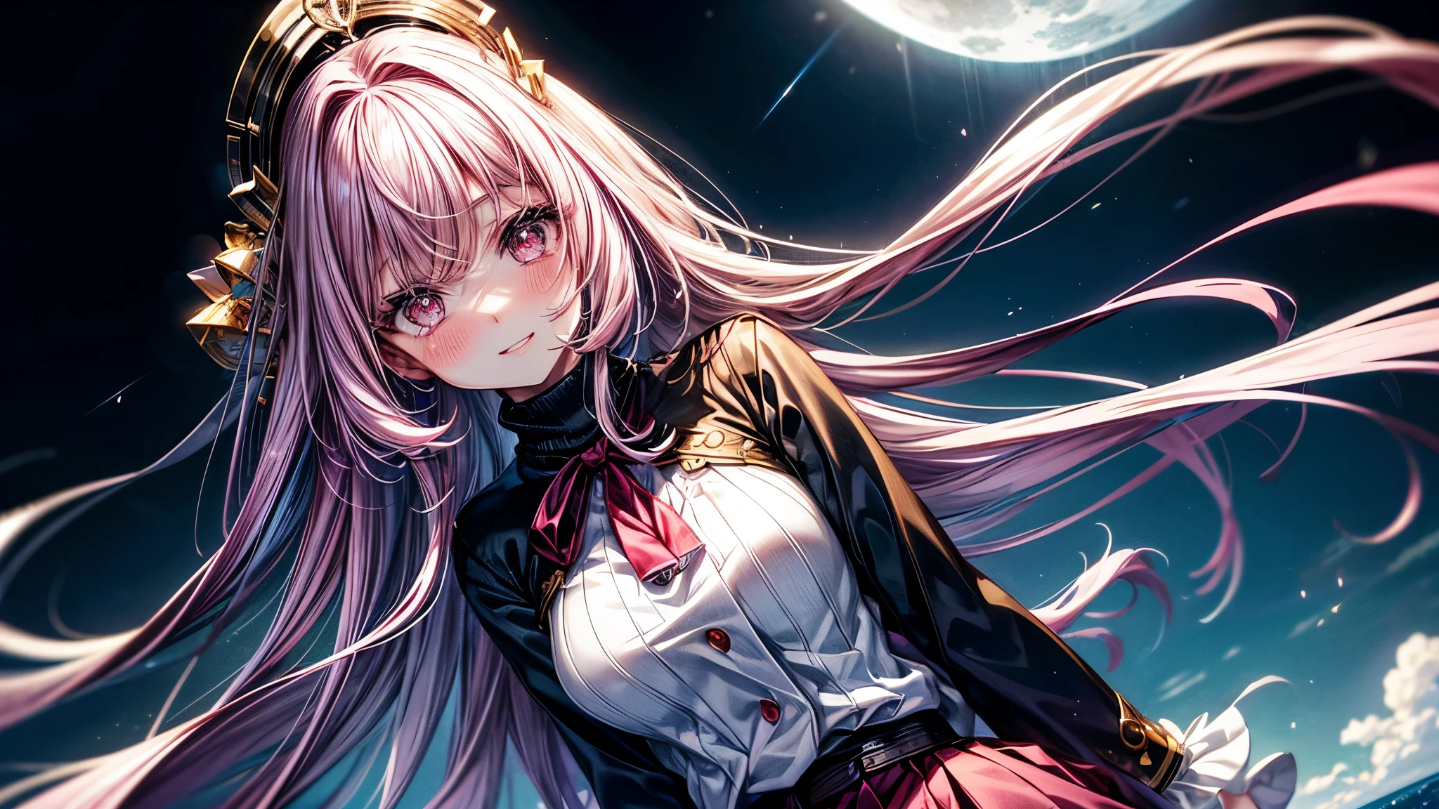 (((tmasterpiece)))、(((top-quality)))、((ultra - detailed))、(illustratio)、((Extremely Delicately Beautiful))、Bright smile、Floating、A pink-haired、(Detailed light) (1girl in)、solo、long whitr hair、The wind is blowing、A WORLD、（adorable eyes）、Realistic, ultra - detailed, (Shiny skin,), view the viewer, Slender, Solo, Miniskirt, Long hair, Pink hair, Pink eyes, (Thick thighs:0.5), Dynamic lighting, high resolution, Sharp focus, depth of fields, Medium breasts, masutepiece, Best quality, Ultra-detailed, illustration, Ultra-detailed face, best quality face, Adult,, 18 years old, Adult, intricate outfits, Sexy pose, Sparkling pink sailor suit, Cute, kawaii,, finely quality eyes, Blushing, Red cheeks, Realistic, Glowing eyes, fluffy sweater, Skirt, parted lip, Blush, Night, Cute, , finely quality eyes, Embarrassed expression, Long_Hair, Blushing, Moon, Star_\(skyporn\), starrysky_skyporn, full_Moon, Photorealistic, Asian, woman, mix4