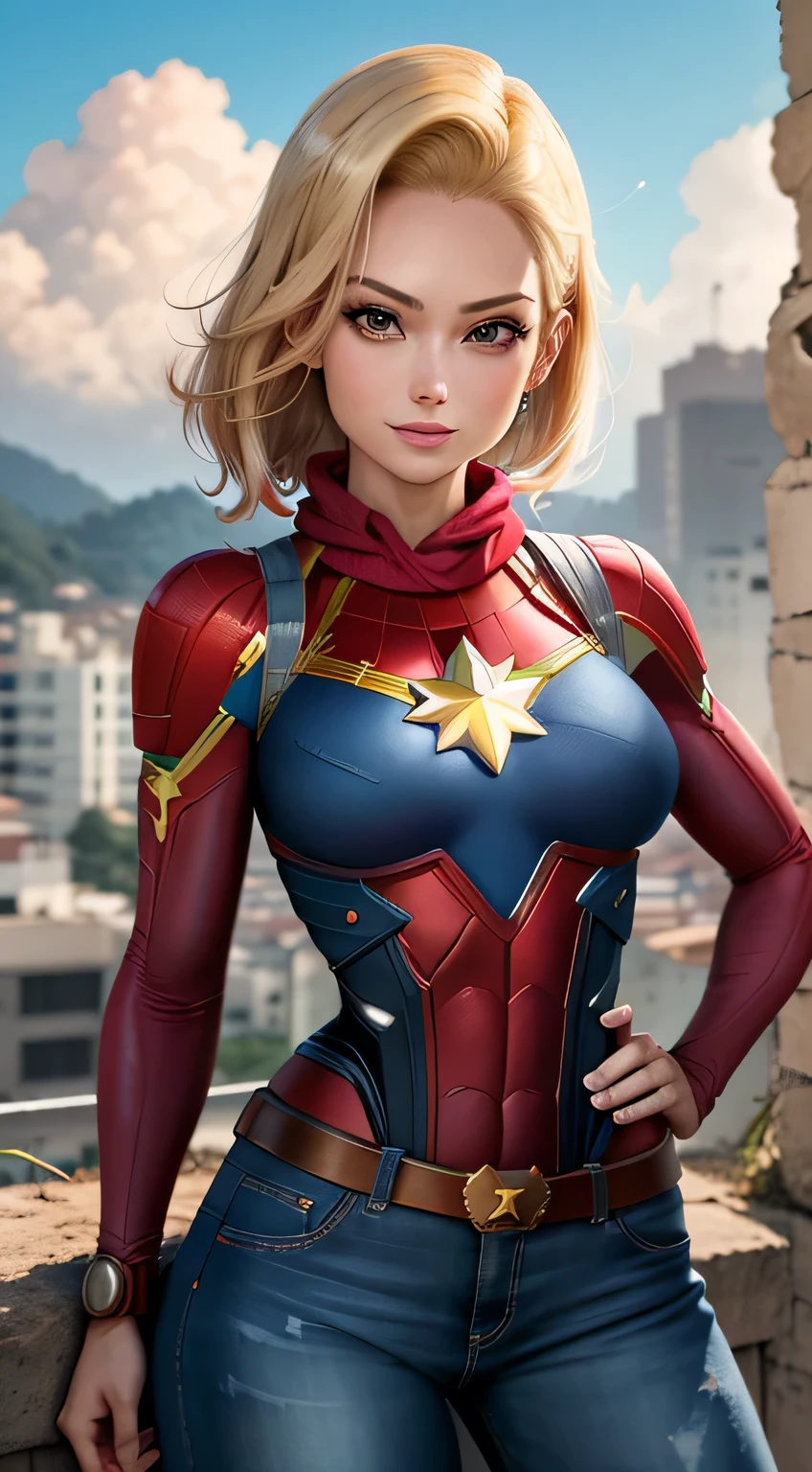 melhor qualidade, high resolution, E18, 1 garota, android 18, garota sozinha, 1 garota, cabelo loiro, olhos azuis, Captain Marvel, cinto de roupa vermelha, botas vermelhas, bodysuit azul e vermelho, long pilot scarf, camisa azul de manga comprida, blue pants, brincos, luvas vermelhas, medium breasts, tiro de vaqueiro, vista da cidade, sempre em frente, (clima: ventoso), sorriso sexy, postura de combate, Battle ruins,