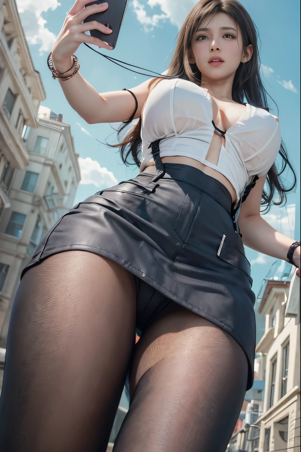 masterpiece, 最high quality, Ultra-high resolution, (Realistic:1.4), Detailed beautiful face, , One girl, Tifa_Lockhart, Final Fantasy VII Remake, Stunning European Women, suspenders,Black low rise mini skirt, White Tank Top, A tense shirt, Long straight black hair, Very beautiful and shining eyes、Sweating, blush ,Beautiful feet, So cute, Close-upポトレイト, 柔らかい肌のPerfect Faceを持つ素敵な, Perfect Face, Huge breasts, 、Chainetter、thigh、In the dungeon, scar, Complete diagram, Shapely hips, 8k resolution,Surreal,Ultra-detailed,high quality, (Huge teardrop chest, Huge breastsの谷間:1.2), Low Cut， Giant tit， Close-up,No bra,A broad perspective
