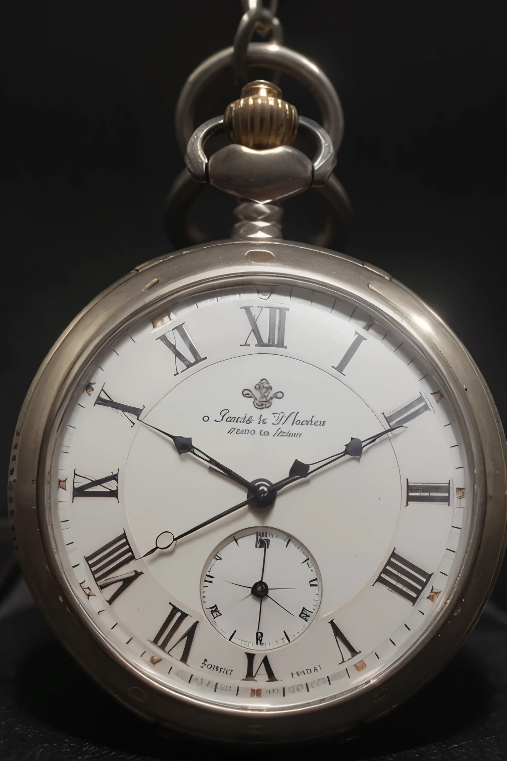 Silver open pocket watch on black background