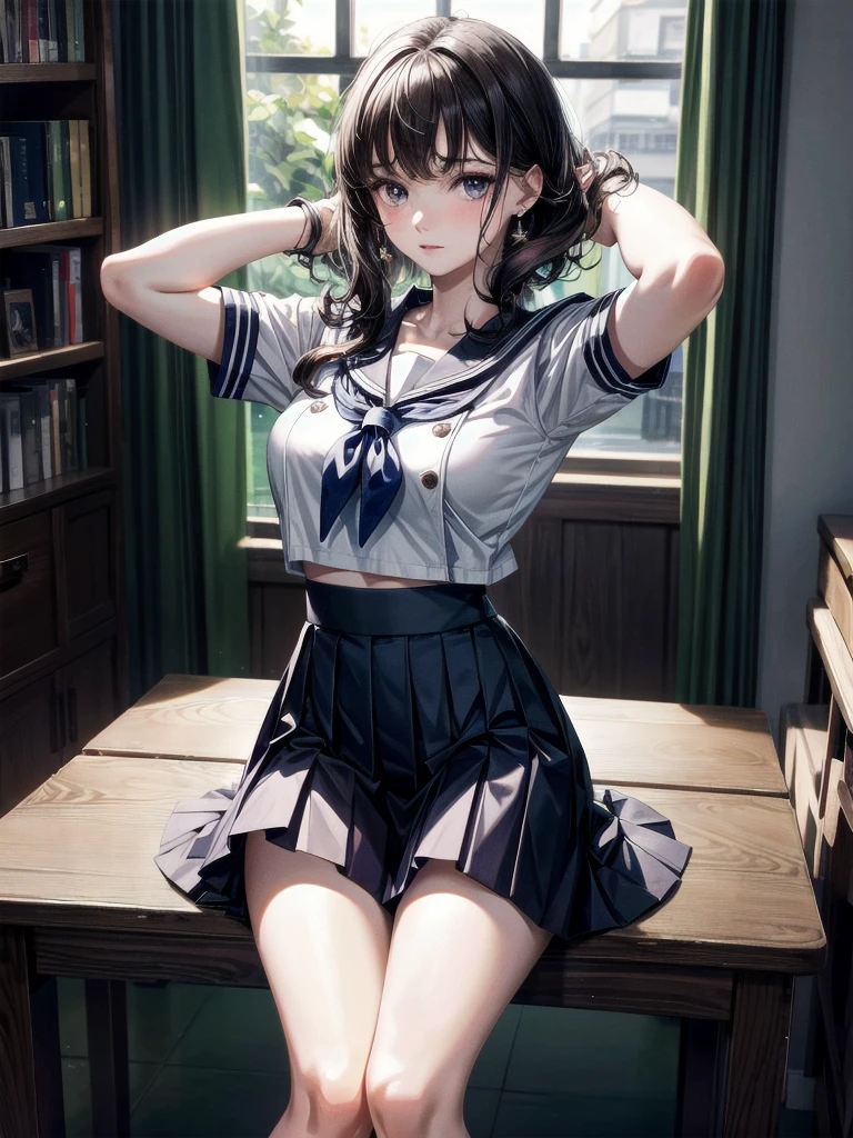 sailor school_uniform, arms behind head, cross-legged, absurdres, RAW photo, extremely delicate and beautiful, masterpiece, Best Quality, ultra high resolution, 32k, hyperrealistic, ultra-detailed, detailed description, pale skin, 20 years old, tearful mole, earring, Colossal tits, short medium hair, wavy hair, skirt,