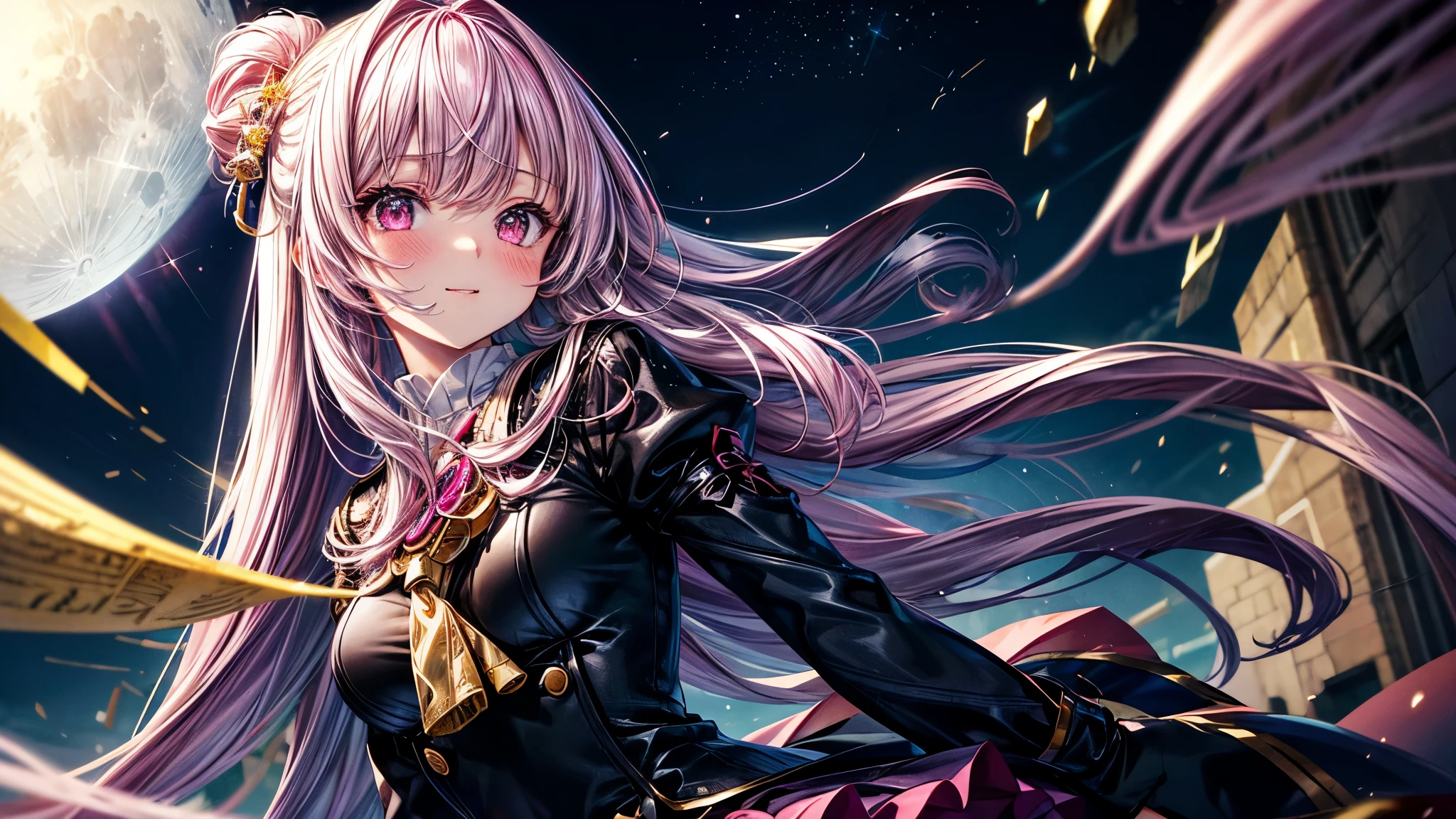 (((tmasterpiece)))、(((top-quality)))、((ultra - detailed))、(illustratio)、((Extremely Delicately Beautiful))、Bright smile、Floating、A pink-haired、(Detailed light) (1girl in)、solo、long whitr hair、The wind is blowing、A WORLD、(adorable eyes)、Realistic, ultra - detailed, (Shiny skin,), view the viewer, Slender, Solo, Miniskirt, Long hair, Pink hair, Pink eyes, (Thick thighs:0.5), Dynamic lighting, high resolution, Sharp focus, depth of fields, Medium breasts, masutepiece, Best quality, Ultra-detailed, illustration, Ultra-detailed face, best quality face, Adult,, 18 years old, Adult, intricate outfits, Sexy pose, Sparkling pink sailor suit, Cute, kawaii,, finely quality eyes, Blushing, Red cheeks, Realistic, Glowing eyes, fluffy sweater, Skirt, parted lip, Blush, Night, Cute, , finely quality eyes, Embarrassed expression, Long_Hair, Blushing, Moon, Star_\(skyporn\), starrysky_skyporn, full_Moon, Photorealistic, Asian, woman, mix4