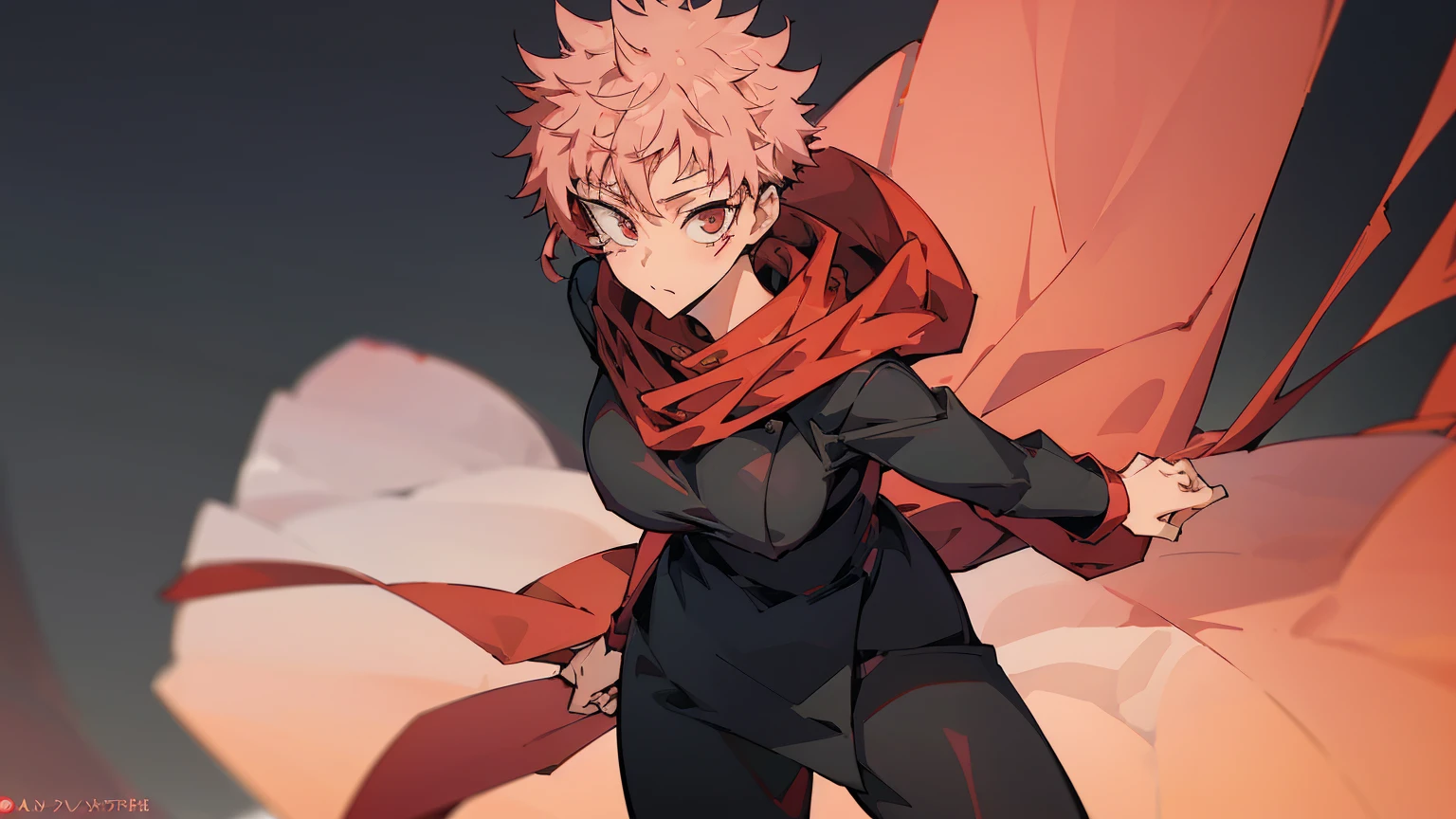 jujutsu kaisen Itadori Yuji red scarf eyelashes sexy Femininefull college uniform super large breasts breast enlargement standing alone in Shibuya full-body shot looking at the camera ultra-detailed, HDR, vibrant colors, soft lighting official art