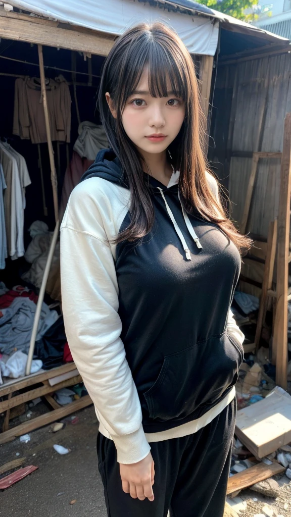 ((Best Quality, 8K, Masterpiece:1.3)), 1girl, (long hair, Hairstyle Casual, Big Breasts:1.2), (Wearing white tank top and black hoodie:1.2), in living room