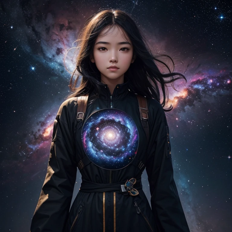 (best quality, masterpiece), 1 Girl, posture, particle, wind, flower, Upper Body, Simple background, Looking at the audience, Black wild hair, Cosmic, nebula, galaxy