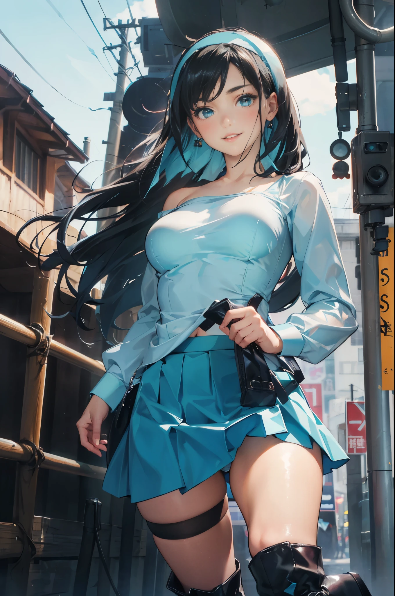(maximum resolution: 1.2), (ultra high definition:1.2), cinema light, 8K resolution, fine eyes and skin, detailed face, perfect style, cute face, Accurate, anatomically correct, Highly detailed face and skin texture, beautiful and meticulous droopy eyes, (black hair:1.5), long hair, parted bangs, blue eyes, (white hairband:1.5), (long sleeves patternless dark cyan shirt:1.5), (micro skirt:1.5), (tights:1.2), (boots:1.5), 1 natural cheek, shiny skin, Fair skin, Glossy skin: 1.2, (glossy lips: 1.4), (embarrassed look: 1.2), 17 year old woman, (highest quality:1.2), cinematic lighting, perfect style, beautiful face, blush, glare, embarrassing, (smile:1.2), (cameltoe:1.2), (fascinating body:1.2), bare navel, long shot, (outdoor:1.5), from below