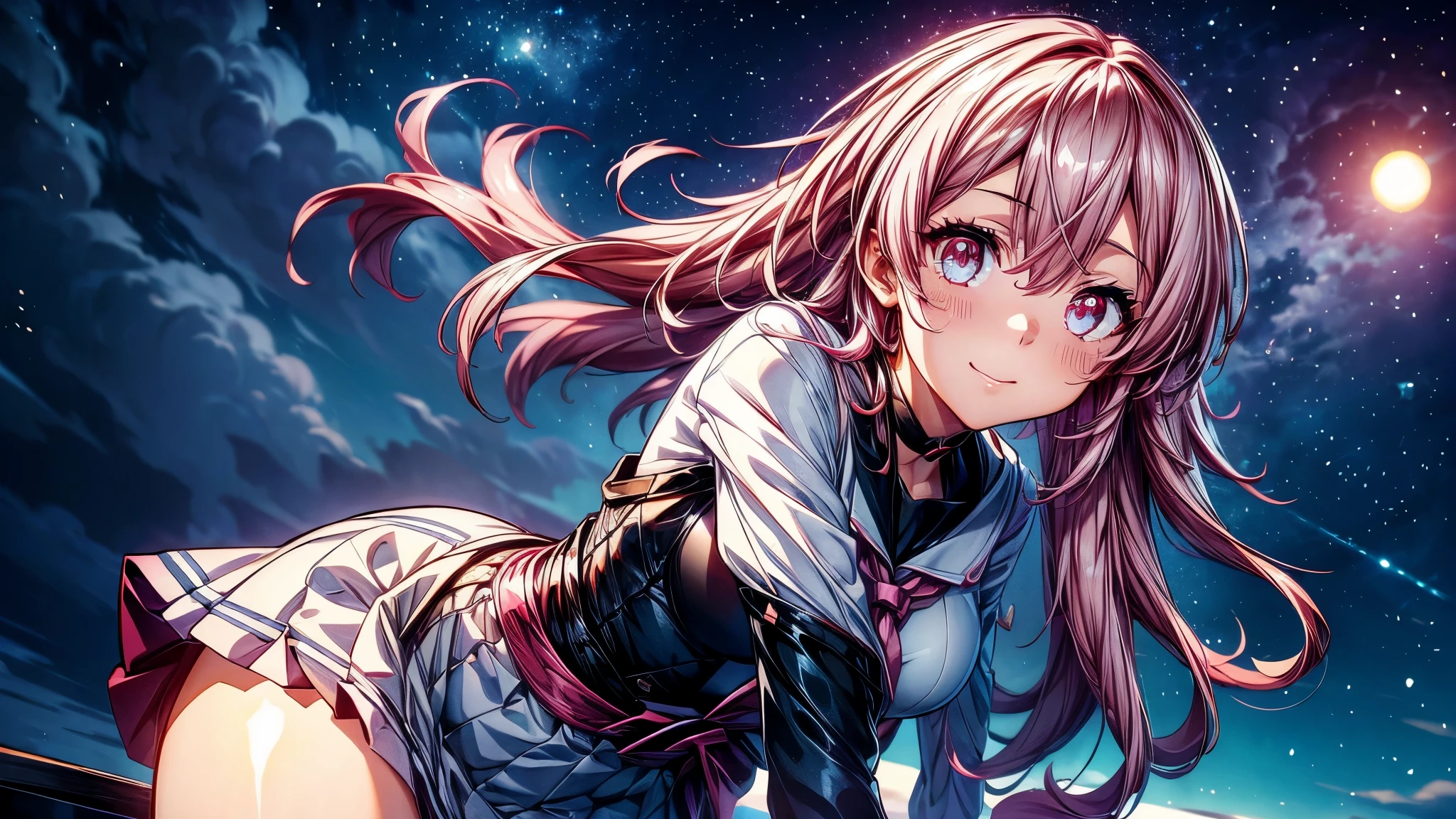 (((tmasterpiece)))、(((top-quality)))、((ultra - detailed))、(illustratio)、((Extremely Delicately Beautiful))、Bright smile、Floating、A pink-haired、(Detailed light) (1girl in)、solo、long whitr hair、The wind is blowing、A WORLD、（adorable eyes）、Realistic, ultra - detailed, (Shiny skin,), view the viewer, Slender, Solo, Miniskirt, Long hair, Pink hair, Pink eyes, (Thick thighs:0.5), Dynamic lighting, high resolution, Sharp focus, depth of fields, Medium breasts, masutepiece, Best quality, Ultra-detailed, illustration, Ultra-detailed face, best quality face, Adult,, 18 years old, Adult, intricate outfits, Sexy pose, Sparkling pink sailor suit, Cute, kawaii,, finely quality eyes, Blushing, Red cheeks, Realistic, Glowing eyes, fluffy sweater, Skirt, parted lip, Blush, Night, Cute, , finely quality eyes, Embarrassed expression, Long_Hair, Blushing, Moon, Star_\(skyporn\), starrysky_skyporn, full_Moon, Photorealistic, Asian, woman, mix4
