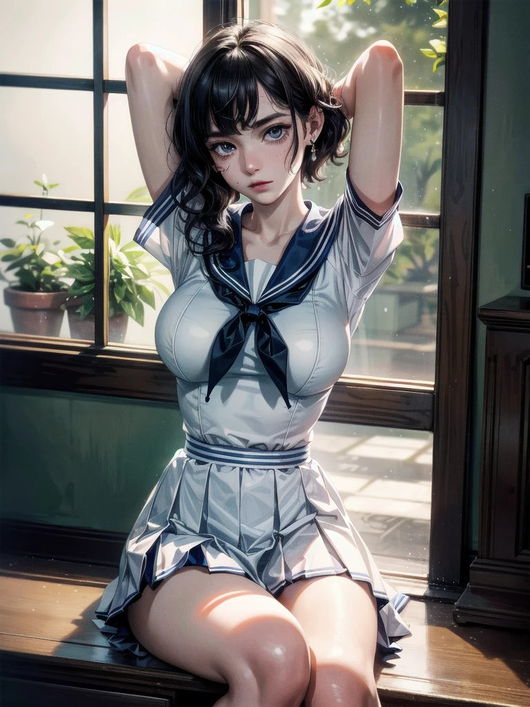sailor school_uniform, arms behind head, cross-legged, absurdres, RAW photo, extremely delicate and beautiful, masterpiece, Best Quality, ultra high resolution, 32k, hyperrealistic, ultra-detailed, detailed description, pale skin, 20 years old, tearful mole, earring, Colossal tits, short medium hair, wavy hair,
